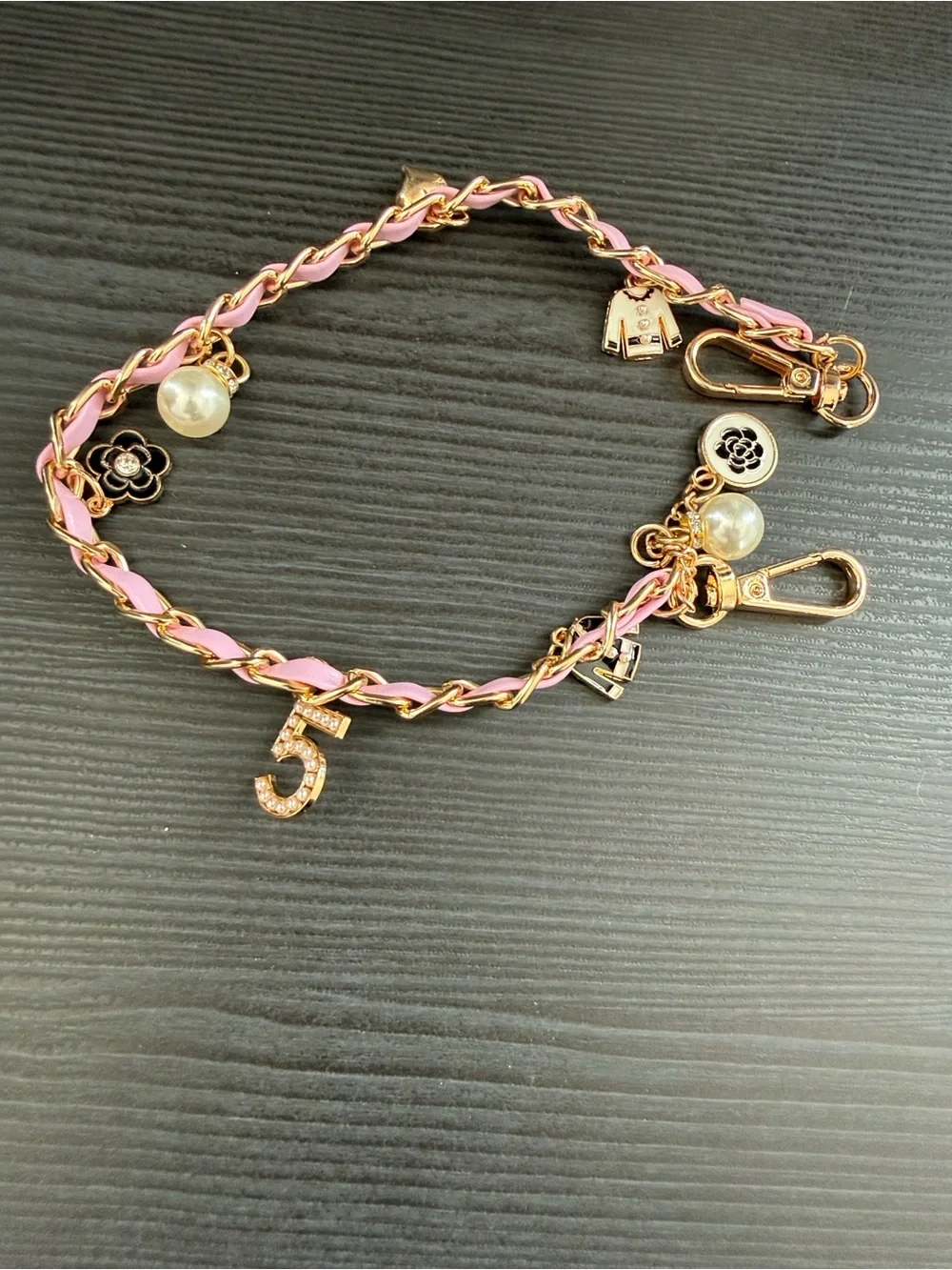 Gold & Pink #5 Charm Phone Chain with Pearls and Floral Accents